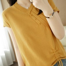 더시럽 여성용 여밈 브이넥 스트링 반팔 니트티