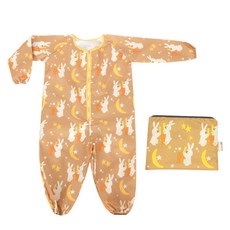 bebe chouette 孩童印花長袖美術連身衣+收納袋, 月兔