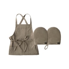 ssueim 棉麻連身圍裙 M號+廚房隔熱手套 2入, 1套, 摩卡