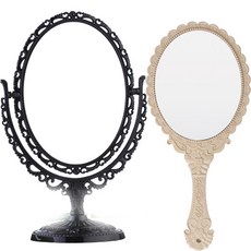 雙面花邊造型桌鏡+花邊造型手拿鏡組, 黑色（台鏡）、白色（手鏡）