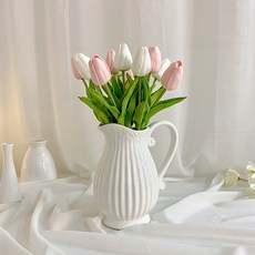 EPLYN 人造鬱金香 15p+瓷壺花瓶套組, 白色粉色（鬱金香）, 1組