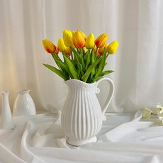 EPLYN 人造鬱金香 15入 + 陶瓷壺瓶套組, 黃橘色(鬱金香), 1套