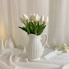 EPLYN 人造鬱金香 15p+瓷壺花瓶套組, 白色（鬱金香）, 1套