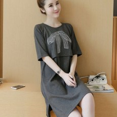 孕婦蝴蝶結印花短袖連身裙