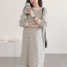 스트라이프 라운드 임산부 원피스