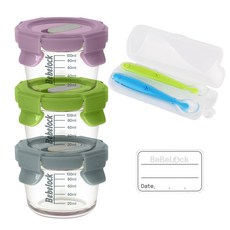 BeBeLock 玻璃氣孔副食品密封罐 120ml 3款+矽膠餵食湯匙 2入, 密封罐(豆沙色+橄欖綠+藍灰色)+湯匙(藍色+綠色), 1組