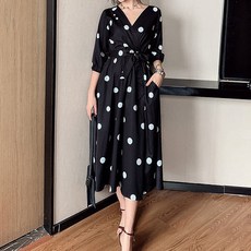 아뗄릭 도트 허리 리본 랩 스타일 롱 원피스 00155 빅사이즈 포함