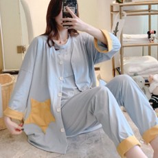 女款Get It Blue純棉長袖孕婦哺乳睡衣 3件組