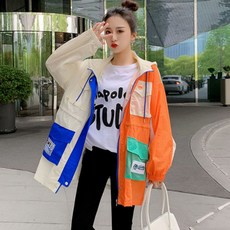 女款孕婦拼色口袋連帽風衣