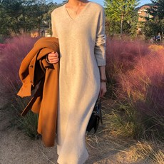 PAPERMENTS V領簡約長袖針織連身裙, 米色