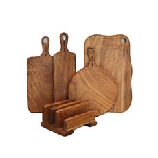 Stella Holmes 鍍柚木實木砧板套組 B 型, 長款修身+圓形+基本方形+圓形方形支架+搖籃, 1組