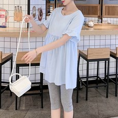 임산부 프릴 반팔 롱 티셔츠