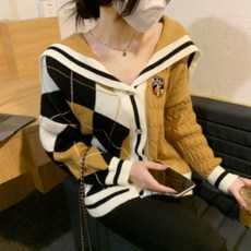 여성용 패션 아가일 체크패턴 니트 임부복 가디건