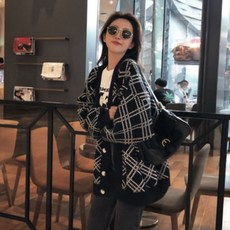 여성용 패션 빅사이즈 브이넥 체크 니트 임부복 가디건