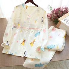 브이넥 기린 패턴 임산부 파자마 상하의 세트