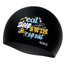 AQUS 字母印花矽膠泳帽 AC14A21, 黑色