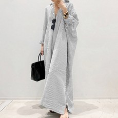 Minsung Company 不對稱亞麻條纹襯衫式孕婦長版連身裙