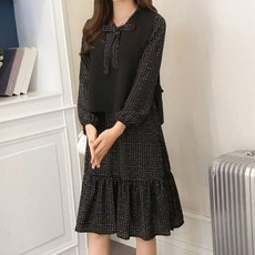 孕婦無袖背心+格紋長袖連身裙