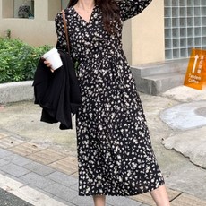 孕婦V領小碎花雪紡連身裙