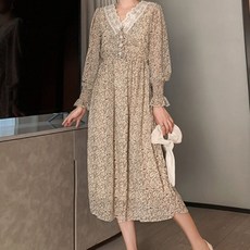 孕婦V領蕾絲小碎花長袖連身裙