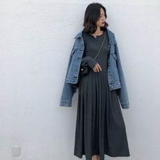 孕婦V領百褶長袖連身裙