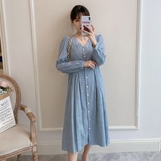 孕婦V領排扣哺乳連身裙