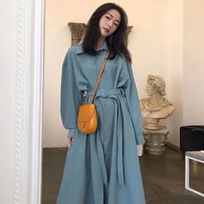 孕婦素色襯衫收腰綁帶連身裙