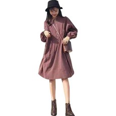 임부용 출산 외출용 퍼프소매 버클 긴팔 원피스