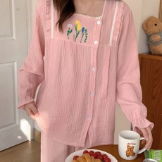 Estella方領刺繡孕婦睡衣上下套裝