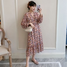 孕婦V領雪紡長袖連身裙