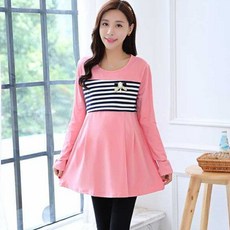 孕婦拼色條紋長袖連身裙