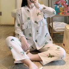 三角星孕婦仙人掌圖案產後哺乳睡衣上下套裝