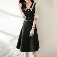 메이첼 허리벨트 투톤 레이스 카라 시스루 소매 미디 원피스 00461