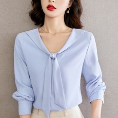 PAPERMENTS 深V領緞帶長袖襯衫 淡藍色