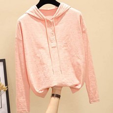 MeiChel 鈕扣素色長袖連帽T恤