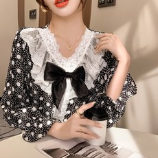 MeiChel 蕾絲圓點長袖雪紡衫