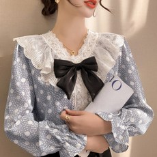 MeiChel 蕾絲圓點長袖雪紡衫