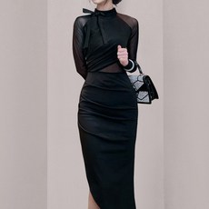 ViVEMO 半高領蝴蝶結肩部透視不對稱洋裝 00808, 黑色