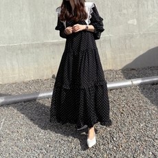PAPERMENTS 圓點印花寬鬆蕾絲領長袖連身長裙, 黑色