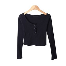 시크블랙 여성용 포에시 버튼 골지 크롭티셔츠 T8948K22