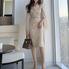 PAPERMENTS 雙排釦長袖西裝連身裙, 淺褐色