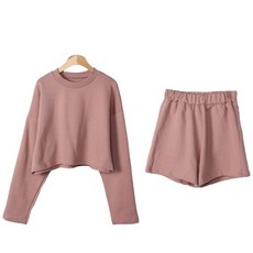 女款Beach露臍大學T短褲純色套裝 SET1804K21