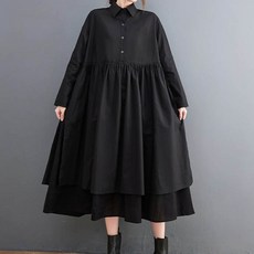 ATTERLIC 寬鬆雙層抓皺襯衫長版洋裝 00581 含大尺碼, 黑色