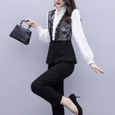 ATTERLIC 大尺寸Reina Ribbon簡單褲子兩件套西裝套裝00604