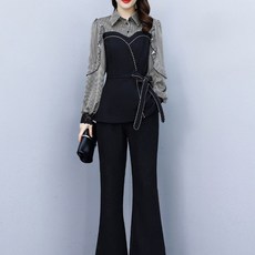 ATTERLIC 大尺碼荷葉邊袖上衣喇叭褲半正式兩件式套裝 00613