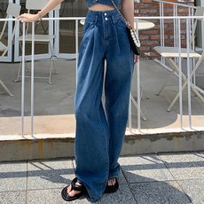 MeiChel 女款高腰長版牛仔寬褲