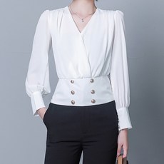 아뗄릭 허리버튼 장식 쉬폰 브이넥 블라우스 00595
