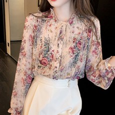 PAPERMENTS 印花長袖綁帶雪紡衫