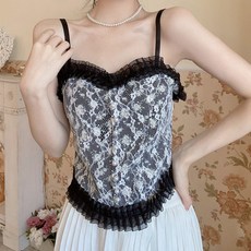 비비에모 여성용 셔링 이중 레이스 끈 나시 티셔츠 00900