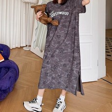 MeiChel 大尺碼小熊印花開衩短袖連衣裙, 灰色